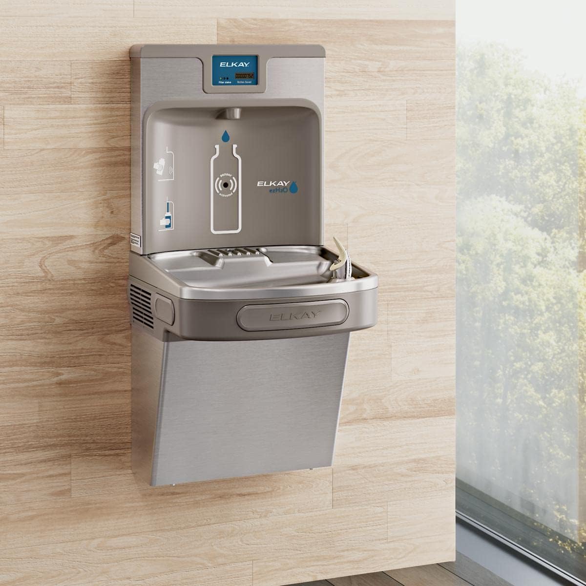 Elkay LZS8WS ezH2O Wall Mounted Drinking Fountain with Hands Free Bottle Filling Station and Water Cooler - Stainless Steel