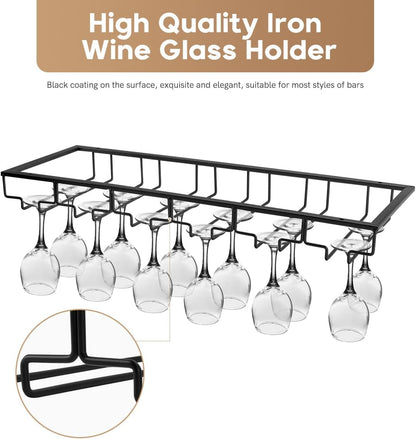 Xverycan Wine Glass Rack Under Cabinet, 6 Row Extreme Large Stemware Hanger, Metal Wine Goblet Holder, DIY Bar Glass Storage Rack for Bar Counter, Kitchen, Screws Included (Black)