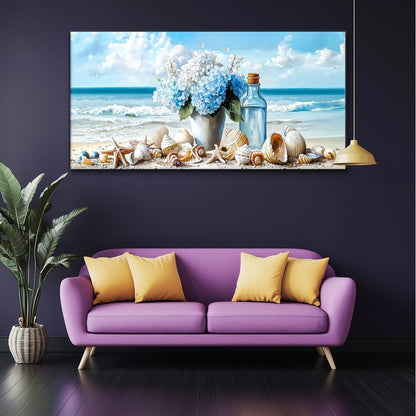 LASMOND Romantic Beach Wall Art for Living Room Blue Shells Conch Vase Canvas Prints Modern Large Flower Bottle Bedroom Ocean Artwork Decor (58x28 Inches)