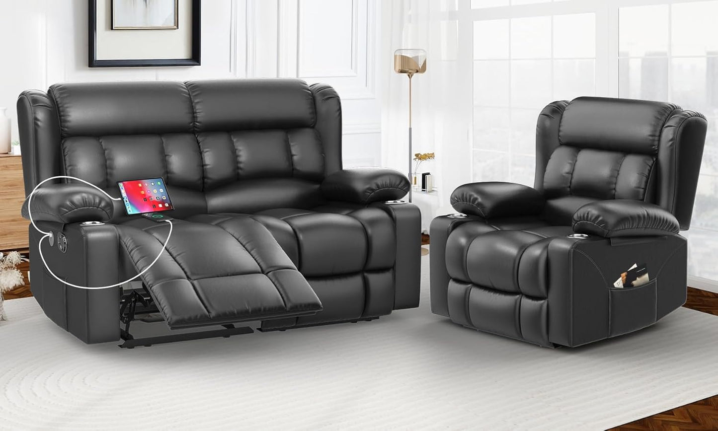 Loveseat Recliner Sofa Set with 2+1 Pieces, 2 Seater Minimalist Style Manual Pull Tab Reclining Loveseat with USB Charge Ports, Cup Holders, Recliner Couches for Living Room, RV, Black