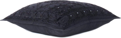 Eyes of India Embroidered Decorative Boho Throw Pillow Cover with Mirrors, Handmade Bohemian Accent Cushion Case for Sofa Couch Bedroom Living Room (Black, 24" x 24")