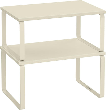 SONGMICS Cabinet Organizer Shelf, Set of 2 Kitchen Counter Shelves, Kitchen Storage, Spice Rack, Stackable, Expandable, Metal and Engineered Wood, Cream White UKCS002W02