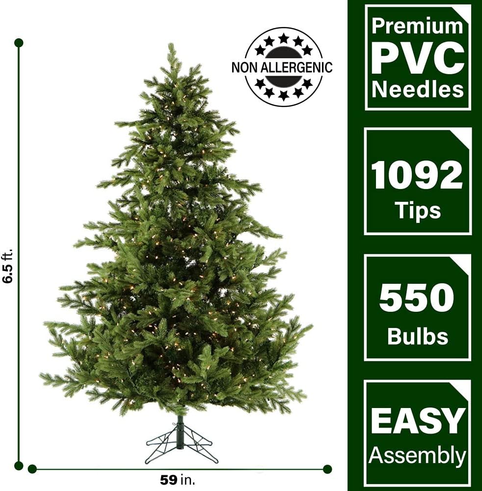Fraser Hill Farm 6.5-Ft. Foxtail Pine Artificial Christmas Tree with Warm White LED Lights and Stand, Prelit Foldable Fake Tree with Realistic Foliage for Home Decoration