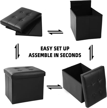 ALASDO Storage Ottoman Footrest Stool Small Ottoman with Storage Foldable Ottoman Leather Foot Rest Footstool Bench for Living Room 17x13x13inches Black
