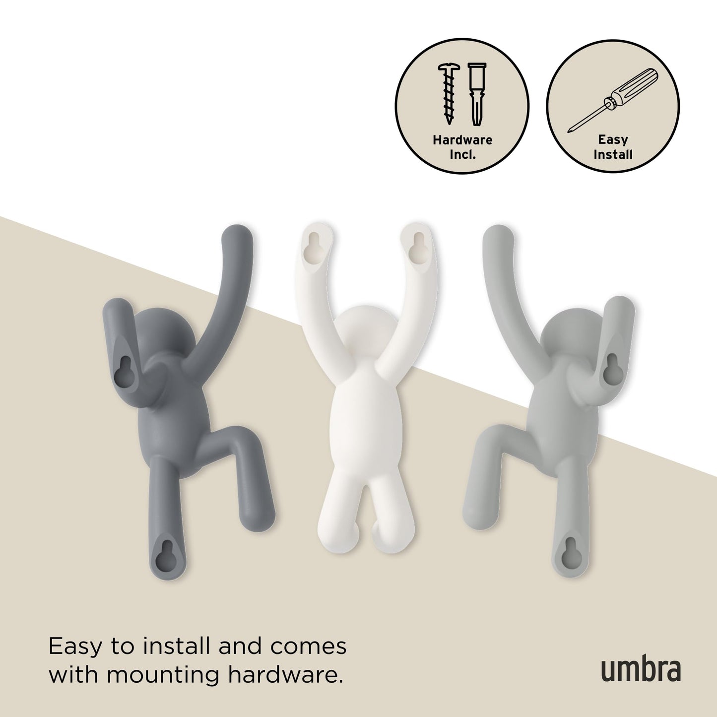 Umbra Buddy Wall Hooks, Decorative Wall Mount Coat Hooks, Set of 3, Grey