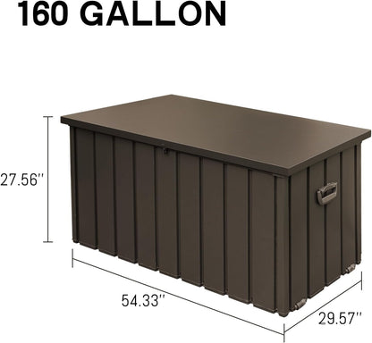 Domi Deck Box 160 Gallon, Waterproof Lockable Steel Outdoor Storage Container for Outside Cushions, Garden Tools and Pools Equipment, Brown