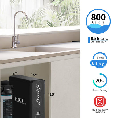 Frizzlife 800GPD Reverse Osmosis Water Filter, Alkaline Mineral pH+ Reverse Osmosis System, 9-Stage Filtration Tankless RO Water Filter System, 2:1 Pure to Drain, Under Sink, Reduce TDS, PD800-TAM4