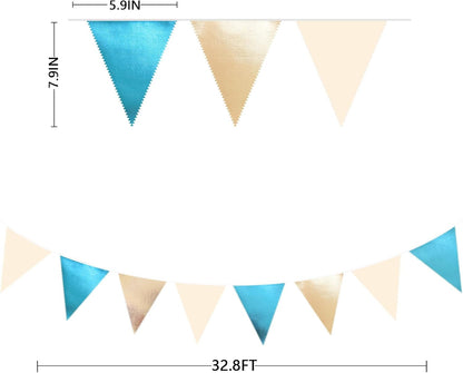 Champagne Gold Sky Blue Beige Decorations Metallic Fabric Triangle Pennant Banner Bunting Flag Garland for Birthday Baby Shower Engagement Wedding Graduation Bridal Shower Party Decorations Supplies