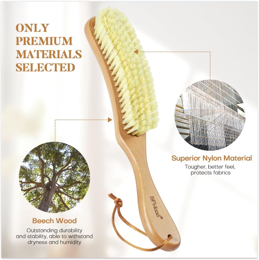 BFWood Clothes Brush - Bristle Lint Brush for Suits, Cashmere, Wool, Velvet, Suede and Pet Hair - Large Beech Wood Handle