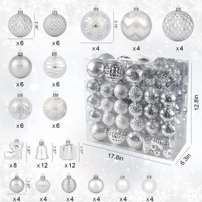116Pcs Silver Christmas Ball Ornaments Set, Shatterproof Christmas Hanging Decoration Set with Gift Box, Assorted Decorative Baubles Set for Xmas Tree/Home/Wedding/Party/Holiday (Silver)