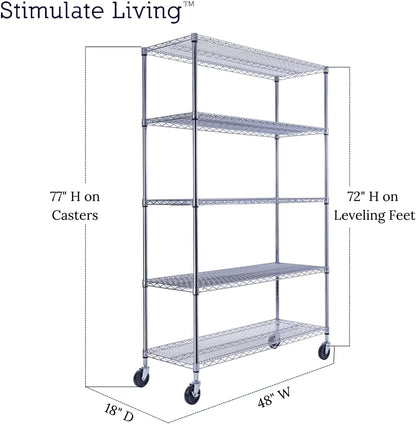 48"x18"x72" PRIME HEAVY DUTY Chrome 5-Tier Wire Shelving NSF 4000 LBS MAX Capacity Storage Rack for Commercial, School, Home, Garage, Warehouse, Industrial, and Hospital Uses (with Wheels)
