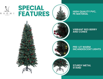Naomi Home Belen 7.5ft Pencil Christmas Tree Prelit pre-Decorated with Pine Cones, Red Berries, 1099 Branch Tips, 350 Warm Lights and Metal Stand, 34" Wide Skinny Christmas Tree with Lights