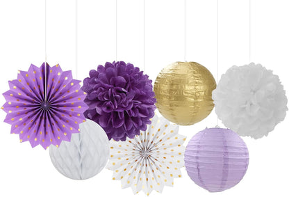 Purple-Gold Party Decorations Streamers Lanterns - 14pcs White Lavender Paper Fan Graduation Woman Birthday Wedding Bridal Shower Tissue Pom Poms,Honeycomb Balls Decor Ouruola