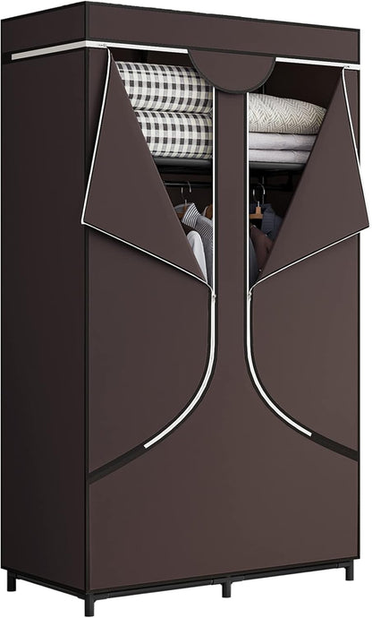 SORCEDAS Portable Wardrobe Closet Storage Organizer Metal Hanging Rack Non-Woven Fabric 34 Inch Coffee (34 Inch, Coffee)