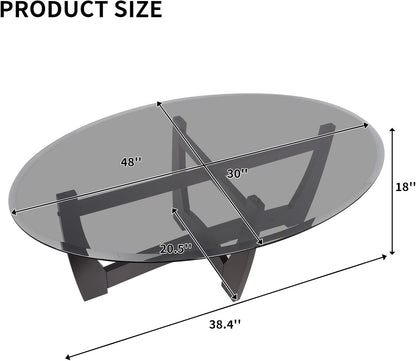 48" Oval Glass Coffee Table with Black Tempered Glass Top Cross and Solid Wood Base Simple & Modern Center Table for Living Room Office Apartment Black