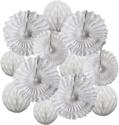 12pcs White Honeycomb Balls Tissue Paper Fans Party Honeycomb Ball Fans wall Decorations Tissue Pom Poms Flower Balls Hanging Paper Fans For Party Baby Shower Birthday Wedding Nursery Decor(white kit)