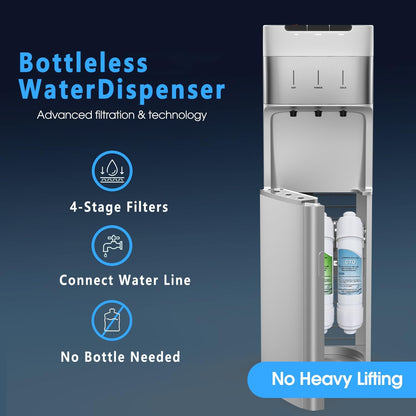 Self Cleaning Bottleless Water Cooler Dispenser with 4 Stage Water Filter 3 Temperature Settings Silver