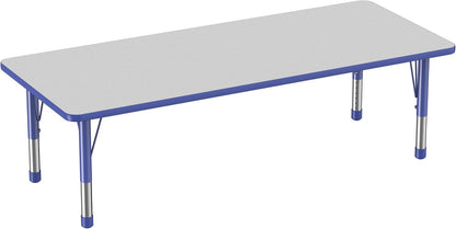 FDP Rectangle Activity School and Classroom Kids Table (30 x 72 inch), Chunky Toddler Leg, Adjustable Height 15-24 inches - Gray Top and Blue Edge