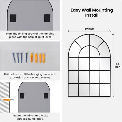 Arched Windowpane Wall Mirror 30"x48" Black Wall Mounted Art Pane Mirror Farmhouse Decorative Mirror Leaning Hanging Wall Mirror for Bedroom Living Room Entrance Hallway Wall Decor