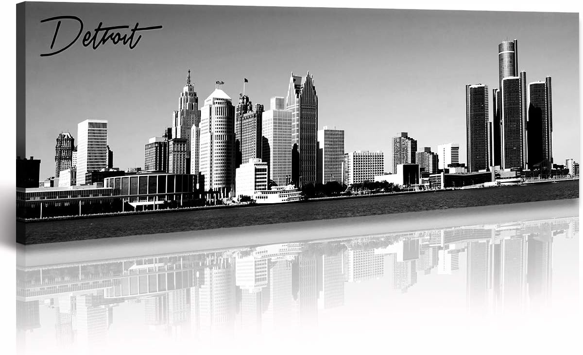 DJSYLIFE Detroit Skyline Wall Art Black and White Canvas Prints USA Skyscraper Panoramic Cityscape Picture for Bedroom Office Home Decoration Ready to Hang 13.8" x 47.3"
