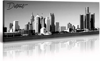 DJSYLIFE Detroit Skyline Wall Art Black and White Canvas Prints USA Skyscraper Panoramic Cityscape Picture for Bedroom Office Home Decoration Ready to Hang 13.8" x 47.3"