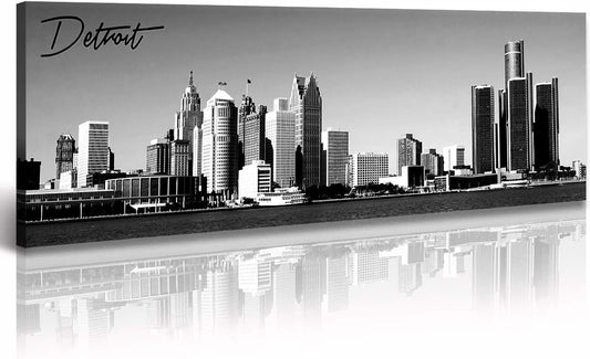 DJSYLIFE Detroit Skyline Wall Art Black and White Canvas Prints USA Skyscraper Panoramic Cityscape Picture for Bedroom Office Home Decoration Ready to Hang 13.8" x 47.3"