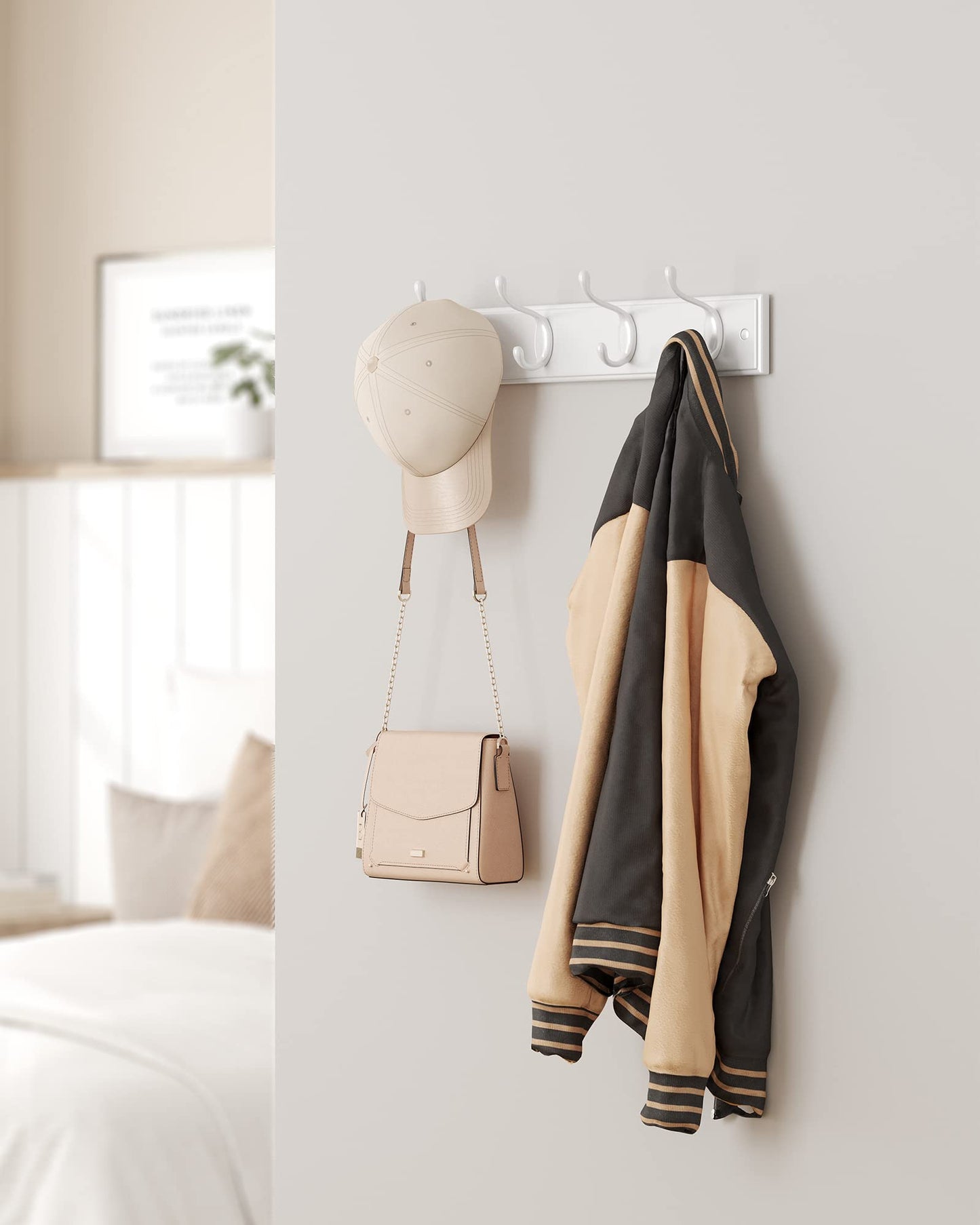 SONGMICS Wall-Mounted Coat Rack, Hook Rack, 8 Dual Metal Hooks, White