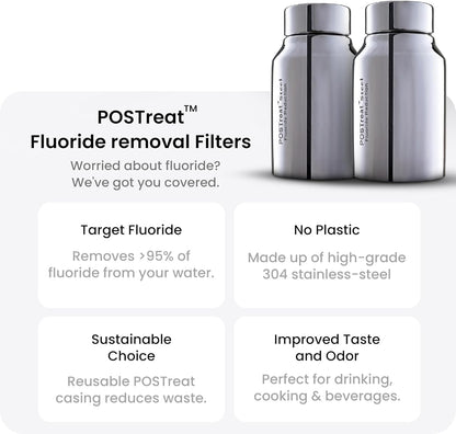 3.25 Gallons NSF Certified AISI 304 Stainless Steel Water Filter with 2 Smart Carbon (Black) Filters, 2 POSTreat Steel Fluoride Removal Elements & Free Stainless Steel Spigot
