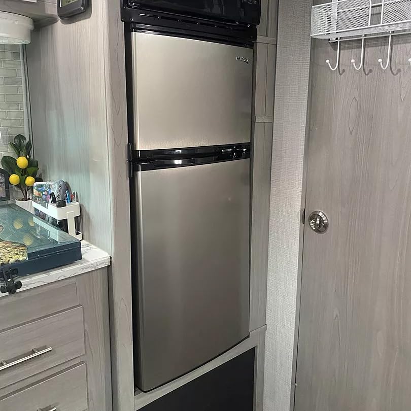 RecPro 4.4 Cu Ft RV Refrigerator | 12V Stainless Steel Fridge with Freezer | Frost-Free, Adjustable Shelves, Built-In Lock, Reversible Door | Off-Grid Ready Camper Fridge with Can Holder