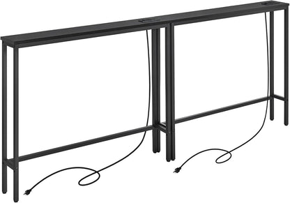 ELYKEN 2 Pack 5.9" Narrow Console Sofa Table with Power Outlets, 5.9" Dx39.4 Wx31.1 H Long Black Behind Couch Table with Metal Frame and Charge Station with 6.5’ Extension Cord