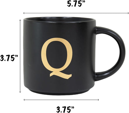 COLLECTIVE HOME - Monogram Ceramic Mugs, 15 oz Golden Initial Black Coffee Cups, Elegant Alphabet Tea Mugs, Elegant Personalized Mug with Gift Box, Unique Mug with Double Side Capital Lette (Q)