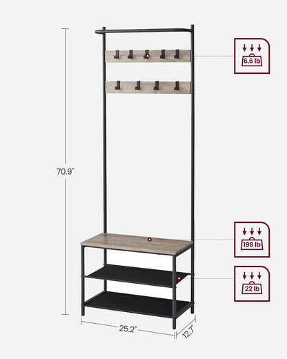 VASAGLE Hall Tree with Bench and Shoe Storage, Entryway Bench with Coat Rack Stand and Shoe Rack, 9