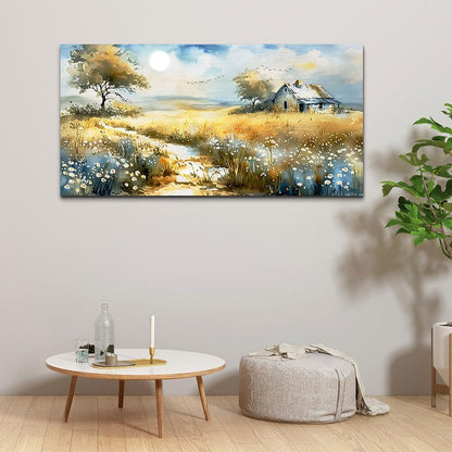 KELIYUAN Wildflower Field Landscape Painting Modern Canvas Print Wall Art Rural Field Mural Artwork Living Room Dining Room Wall Decoation For Bedroom Office Farmhouse Home Decoration 24x48 Inches