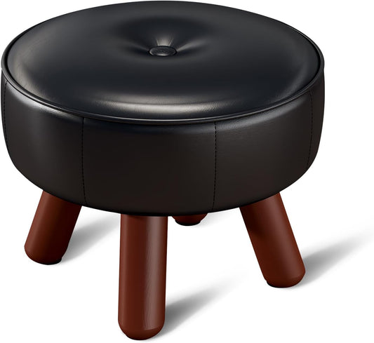 13in Small Foot Stool Ottoman, Round Faux Leather Foot Rest, Footstool Ottomans with Rubber Legs Under Desk, Footrest for Couch, Living Room, Bedroom, Office, 13''L x 13''W x 10.2''H, Black