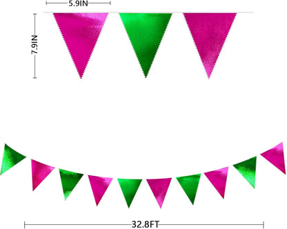 Pink and Green Party Decorations Metallic Hot Pink Light Green Fabric Triangle Pennant Banner Flag Bunting Garland for Witches Theme Birthday Wedding Baby Shower Engagement Bachelorette Party Supplies