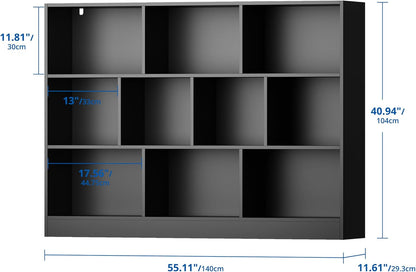 Cozy Castle Black Bookshelf, 3-Tier Open Shelf Bookcase, 10 Cube Storage Organizer with Anti-Tilt Device for Bedroom, Living Room, 55.11" W x 11.61“D x 40.94“H