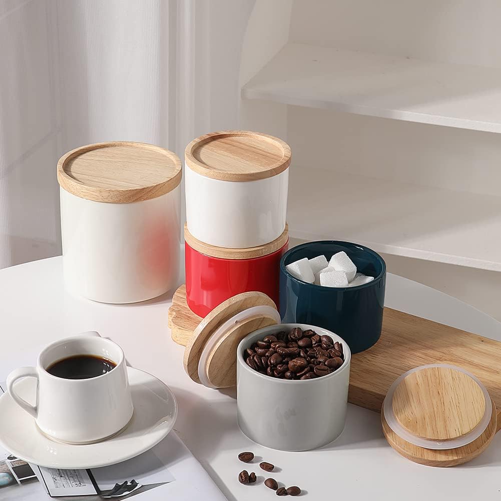 Sweejar Kitchen Canisters Ceramic Food Storage Jar, Stackable Containers with Airtight Seal Wooden Lid for Serving Ground Coffee, Tea, Sugar, Spice and More - 5 Fl Oz(Gray)
