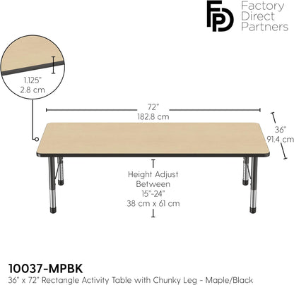 FDP Rectangle Activity School and Classroom Kids Table (36 x 72 inch), Toddler Legs, Adjustable Height 15-24 inches - Maple Top and Black Edge