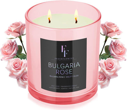 Bulgaria Rose Scented Candle, 2-Wick Luxury Soy Wax Candle, 9 oz Aromatherapy Candle Home Fragrance Candles Gift
