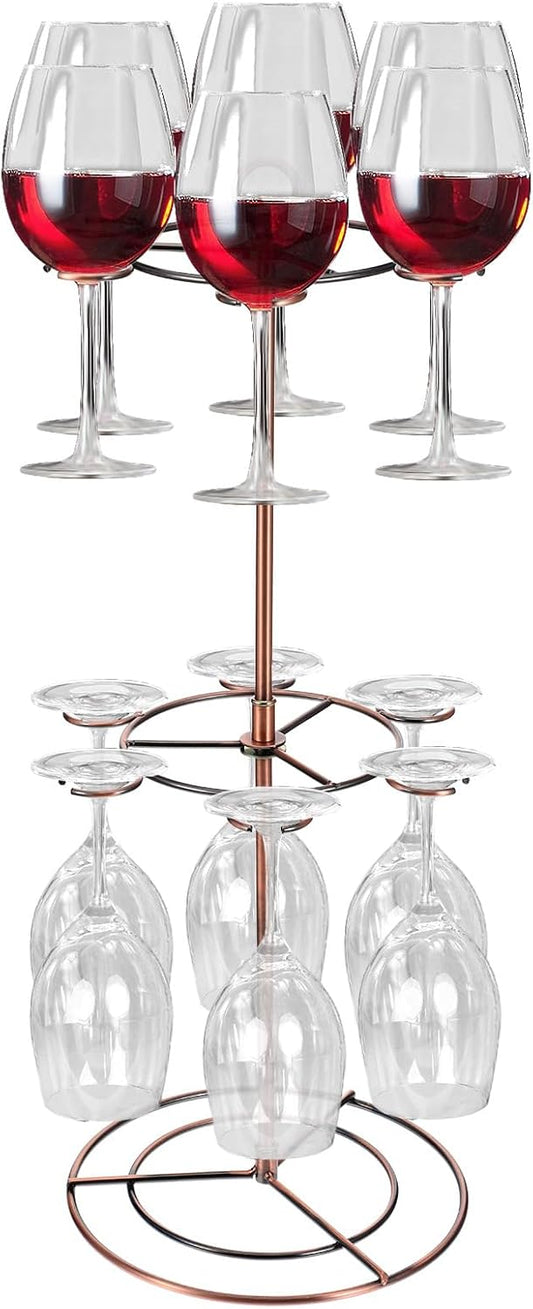 Black Metal Countertop Wine Glass Holder with Scrollwork Design, Freestanding Tabletop Stemware Storage Rack with 12 Hooks