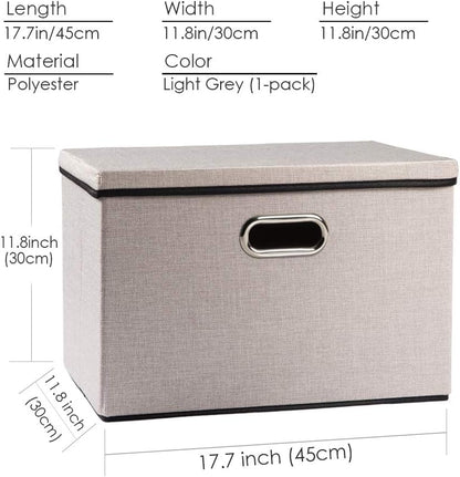 PRANDOM Large Foldable Storage Bin with Lid [1-Pack] Linen Fabric Decorative Storage Box Organizer Container Basket Cube with Handles Divider for Closet Office Living Room Light Grey(17.7x11.8x11.8)