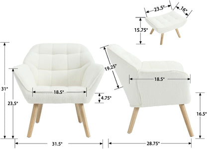 Modern Sherpa Accent Chair with Ottoman, Fluffy Upholstered Lounge Chair with Footrest, Comfy Living Room Side Boucle Armchair for Small Space Bedroom Apartment, White