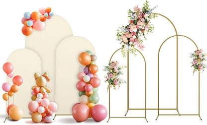 Arch Backdrop Stand and Cover Set, 3 Metal Balloon Arch Backdrop 4ft 5ft 6ft, Gold Arched Stand Frame for Wedding, Parties,Birthday, Backdrop Decorations (Beige,4ft+5ft+6ft)