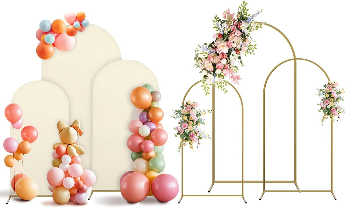 Arch Backdrop Stand and Cover Set, 3 Metal Balloon Arch Backdrop 7.2ft 6.6ft 6ft, Gold Arched Stand Frame for Wedding, Parties,Birthday, Backdrop Decorations (Beige,7.2ft+6.6ft+6ft)