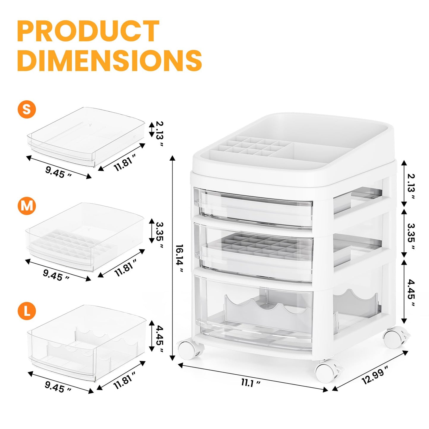 Rolling Cart with 3 Drawers, Clear Plastic Drawer Organizers, Vanity Cart