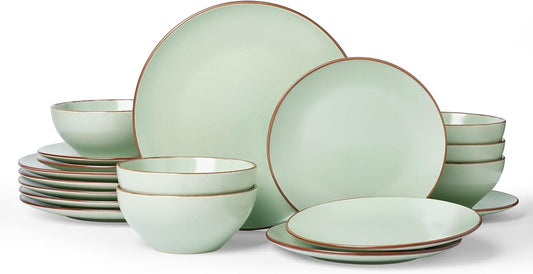 Famiware Venus Plates and Bowls Sets, 18 Pieces Stoneware Dinnerware Sets, Speckled Dishes Set for 6, Microwave and Dishwasher Safe, Matte Light Green