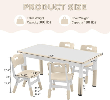 Kids Study Table and Chairs Set, Height Adjustable Toddler Table and Chair Set for Kids Ages 3-8, Graffiti Desktop (Burlywood - 1)