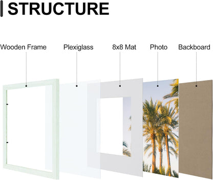 Vittanly 12x12 Picture Frames Set of 9, Shatter Resistant Plexiglass, Display 8x8 Pictures with Mat or 12x12 without Mat, Photo Frames for Wall Mount, Engineered Wood, Vintage Green