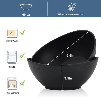 65oz Big Wheat Straw Bowls - Large Salad Bowls set of 6 - Unbreakable Serving Bowls - Microwave & Dishwasher Safe - Oval Bowls for Cereal,Salad,Fruit - Pure Black