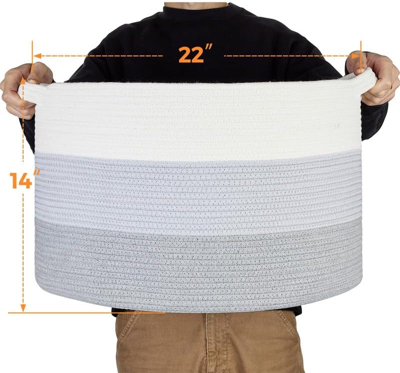 Ravinte Large Storage Basket - 22"x 22"x 14" Blanket Basket for Living Room, Baby Toy Storage Basket, Cotton Rope Basket Woven Laundry Basket (White-Blue-Gray)
